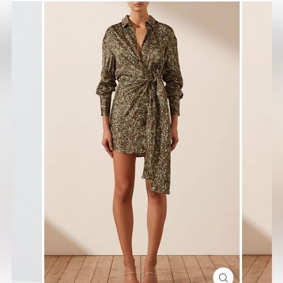 NWT SHONA JOY AVRIEL TIE FRONT SHIRT MINI DRESS IN CHOC Size 8 - Picture 13 of 16